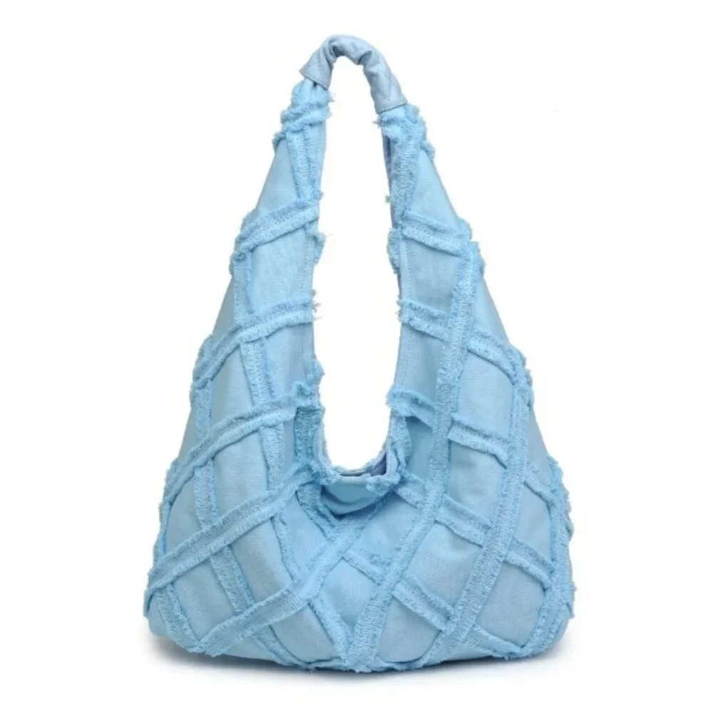 Urban Expressions Barbuda Cotton Fringe Hobo Handbag- Baby/Sky Blue